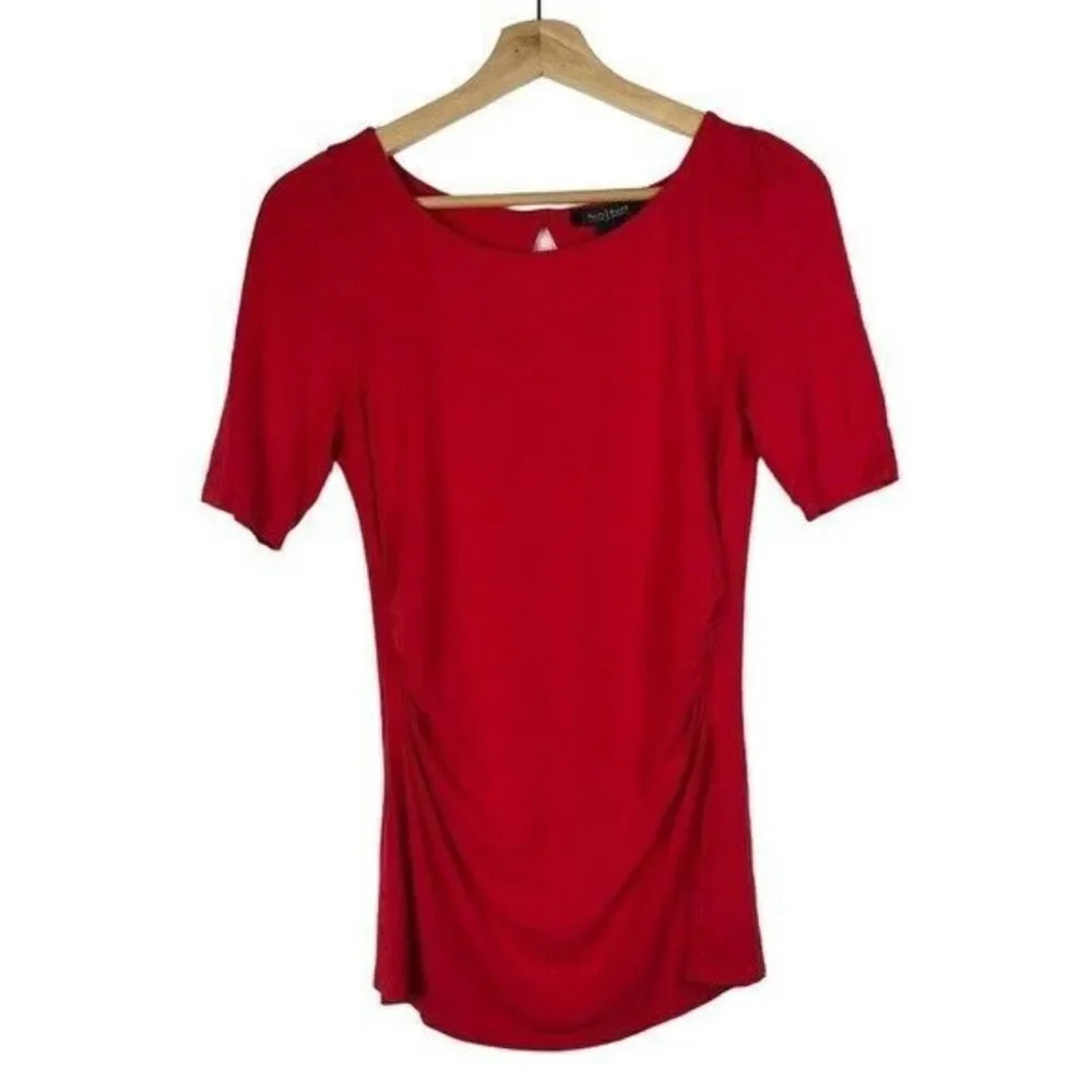 White House Black Market WHBM Red Round Neck Ruched Side Short Sleeve Blouse XS